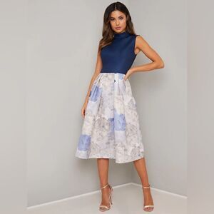 Floral Contrast Midi Dress in Blue